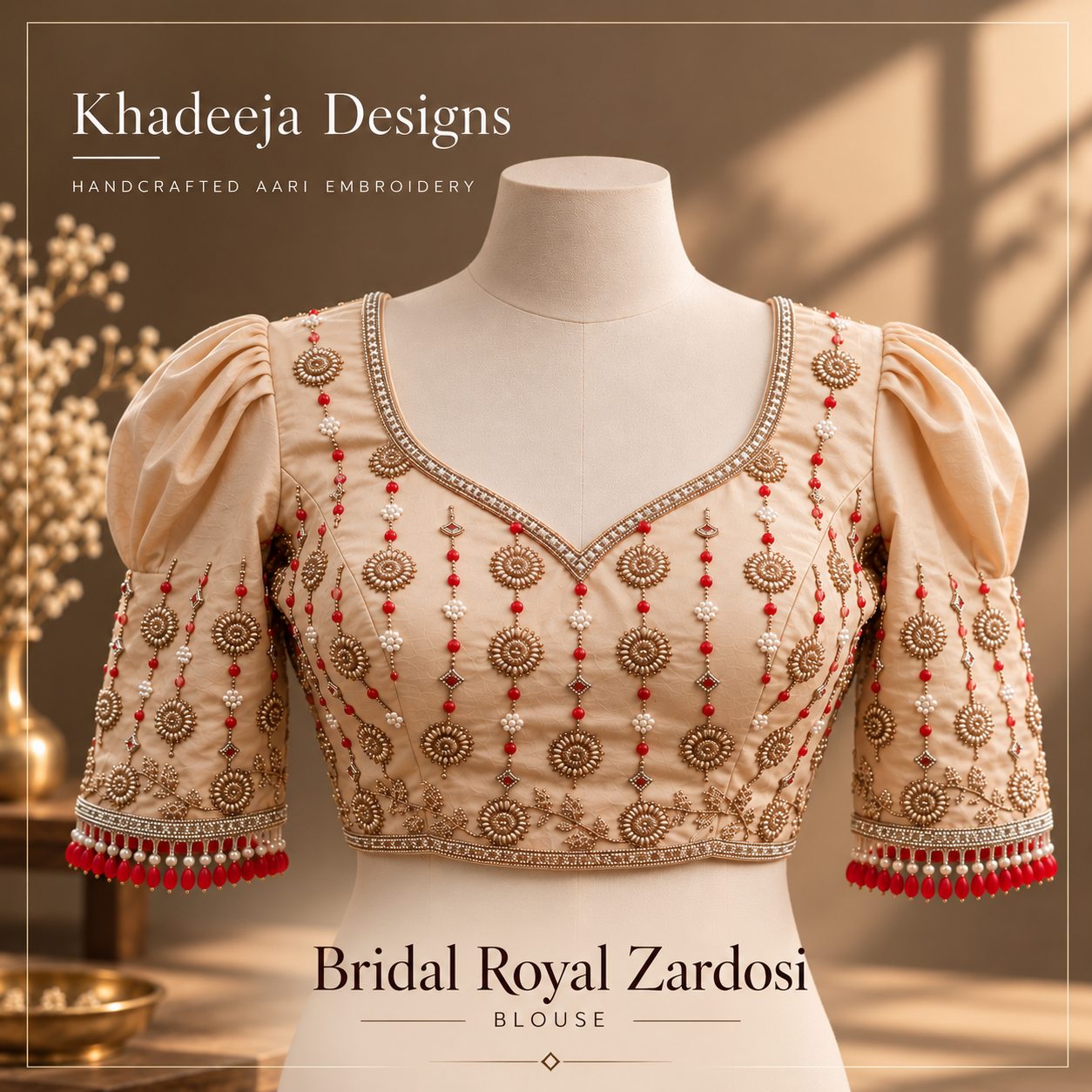 gold-toned embroidery with red and pearl-like accents bridal Aari embroidered blouse design